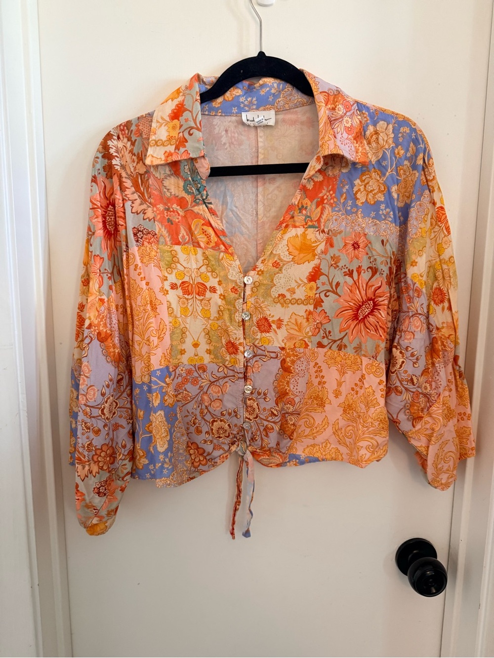 Floral Patchwork Button-Front Crop Shirt - Orange & Lavender